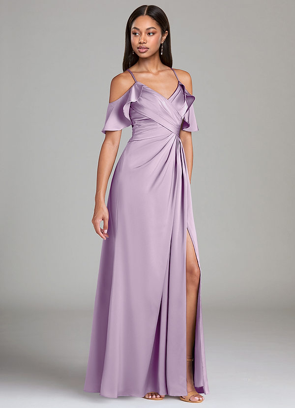 Azazie Dakota Bridesmaid Dresses Frosted Lilac A-Line Off the Shoulder Stretch Satin Dress image1