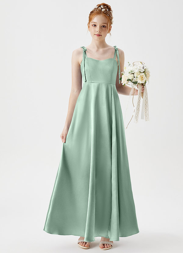 Azazie Rosey Junior A-Linie Herzausschnitt Metallischer Satin Kleid Agave image1