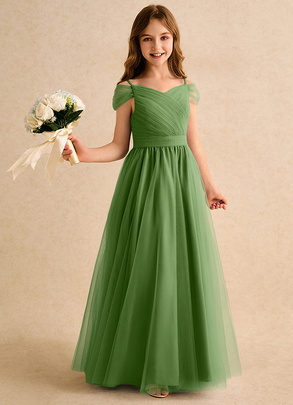 Azazie Yuna Girls Formal Abiti da Ragazza di Fiori Abito A-Line in Tulle a Spalla Scoperta Basilico image1