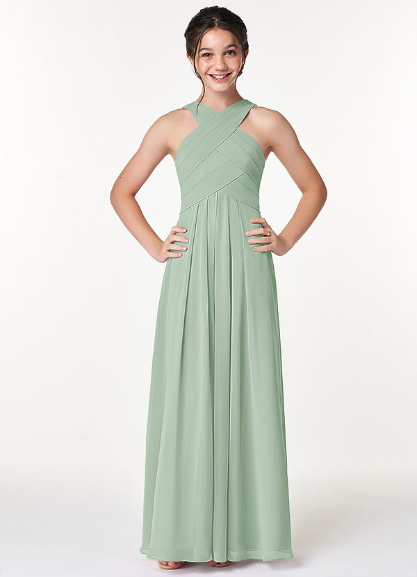 Azazie Kaleigh Junior Agave A-Line Pleated Chiffon Dress image1