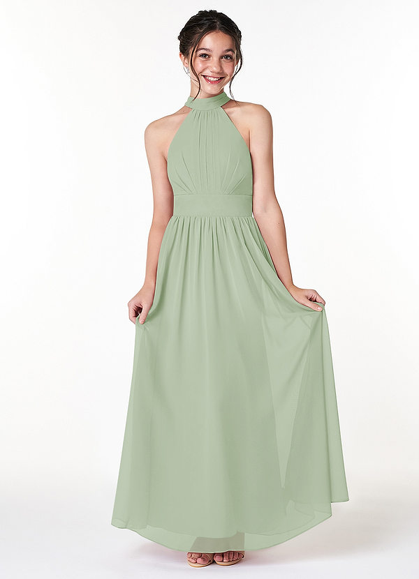 Azazie Iman Junior A-Linie Plissee Chiffon Kleid Staubiger Salbeigrün image1