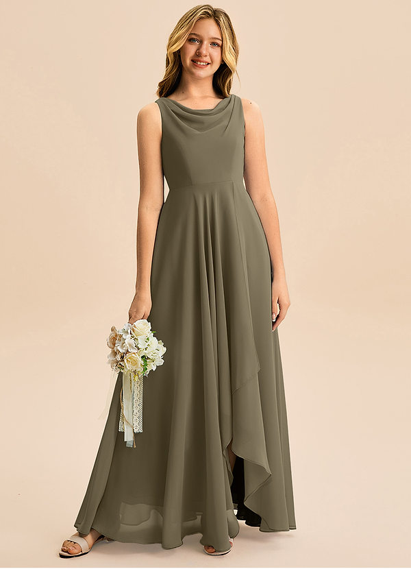 Azazie Mannie Junior Vestido de Verde Sauce de Gasa de Corte en A con Plisado image1