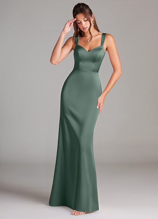 Azazie Denice Robes Demoiselle d'honneur Robe Fourreau en Satin extensible Plissée Mousse De Mer image1