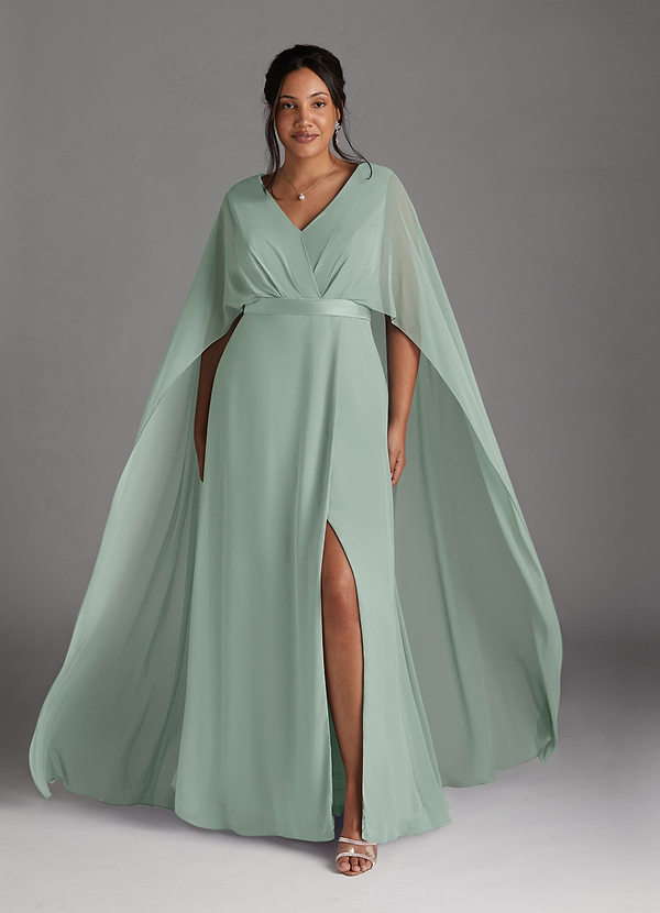 Azazie Isa Vestidos para la madre de la novia Vestido Agave de Gasa de Corte en A con Cuello en V plisado image1