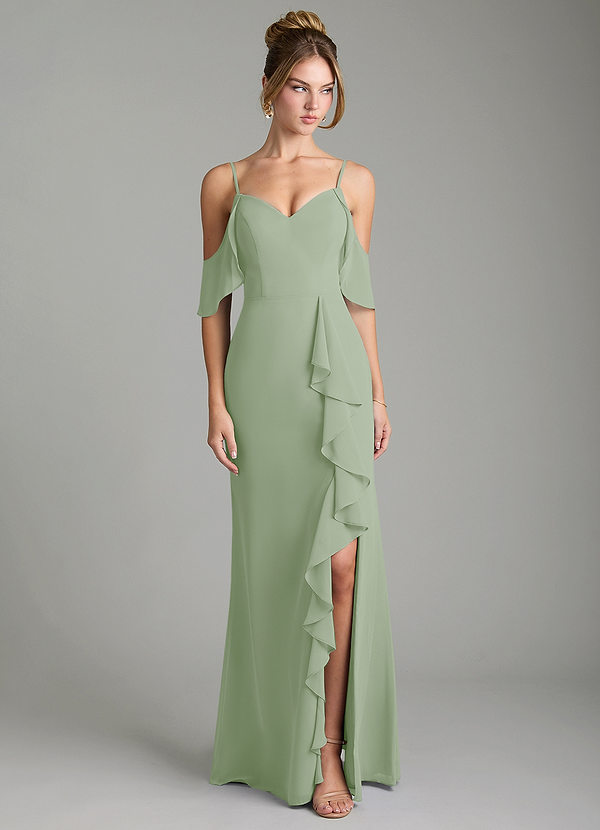 Azazie Alexys Robes Demoiselle d'honneur Robe Fourreau en Mousseline de soie Épaule décolletée Vert Sauge image1
