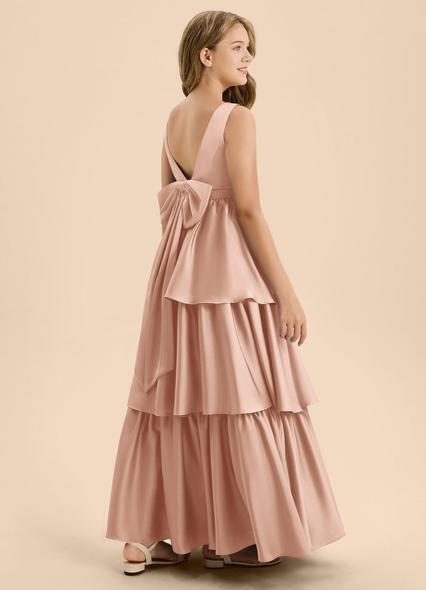 Azazie Meadowyn Junior Vestido de Oro Rosa de Satén Elástico de Corte en A con Lazo image1