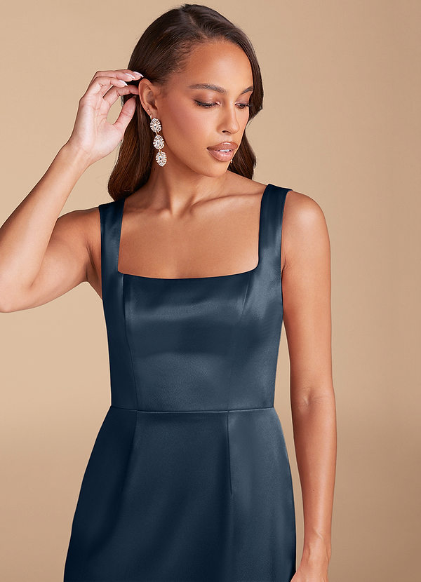 Azazie Flori Bridesmaid Dresses Dark Navy Sheath Side Slit Metallic Satin Dress image1