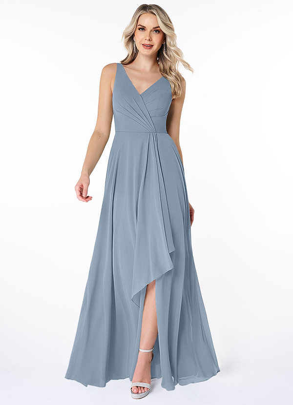 Azazie Calvi Bridesmaid Dresses Dusty Blue A-Line Ruched Chiffon Dress image1