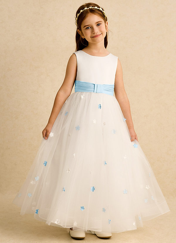 Azazie Cricket Vestidos de Niña de Flores Vestido de Marfil Azul Cielo de Satin Mate de Princesa con Plisado image1