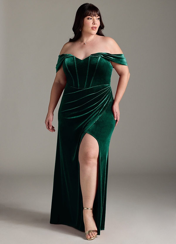 Azazie Jas Bridesmaid Dresses Emerald Sheath Off-The-Shoulder Corset Velvet Convertible Dress image1