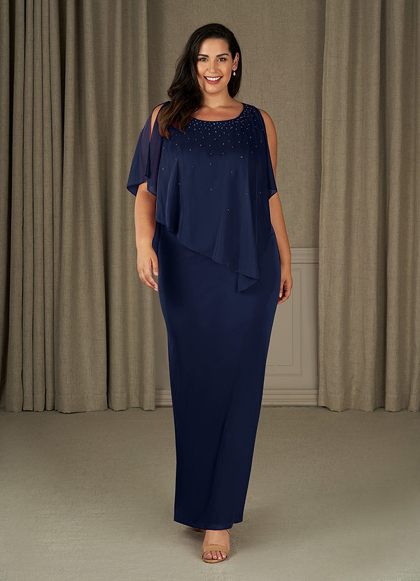 Azazie Aspyn Mother of the Brides Dresses Dark Navy Sheath Beaded Mesh Dress image1