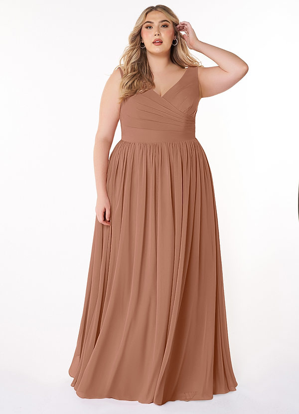 Azazie Keyla Brautjungfernkleider A-Linie V-Hals Gefaltet Chiffon Kleid Bronzer image1