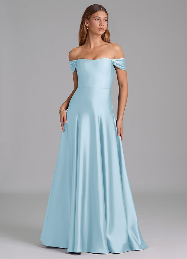 Azazie Seriana Abiti da Damigella Abito Convertibile A-Line in Raso Elasticizzato a Spalla Scoperta Azzurro image1