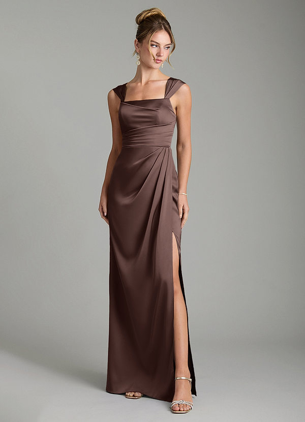 Azazie Filippa Bridesmaid Dresses Ganache A-Line Pleated Stretch Satin Dress image1