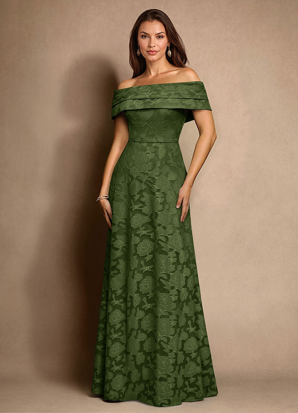 Azazie New Britain Abiti da Mamma Sposa Abito A-Line in Burnout Floreale Plissettato Oliva image1