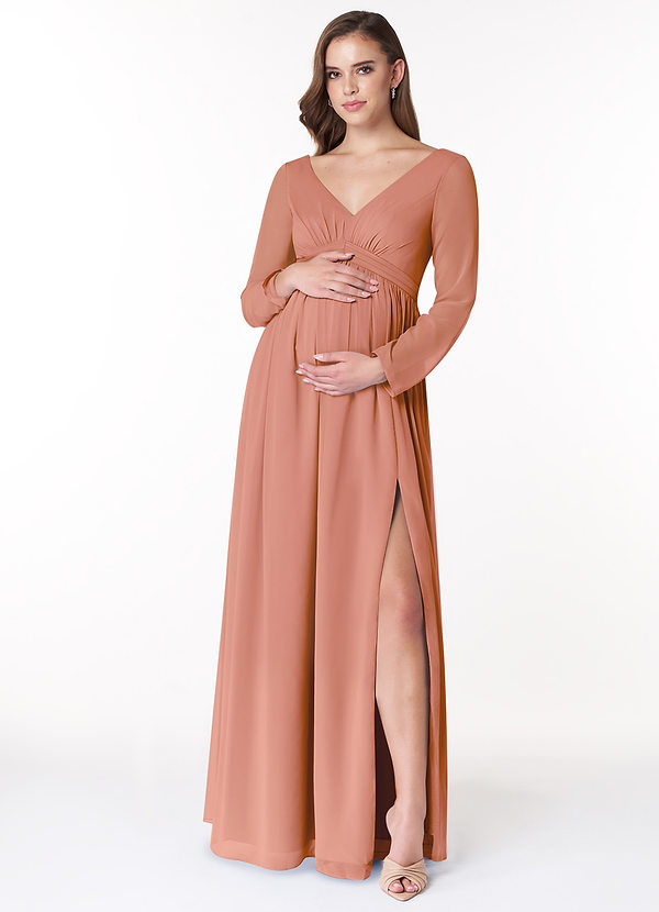 Azazie Teton Maternity Bridesmaid Dresses A-Line Long Sleeve Chiffon Floor-Length Dress image1