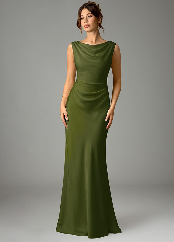 Azazie Kieryn Vestidos de dama de honor Vestido Oliva Brillante de Satén Elástico de Corte Sirena con Plisado image1