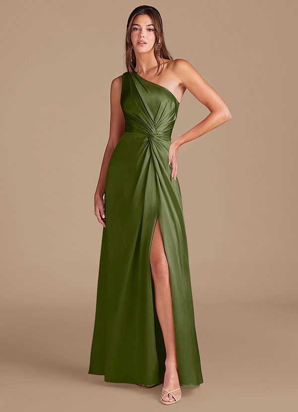 Azazie Brooke Bridesmaid Dresses Olive A-Line One Shoulder Metallic Satin Dress image1