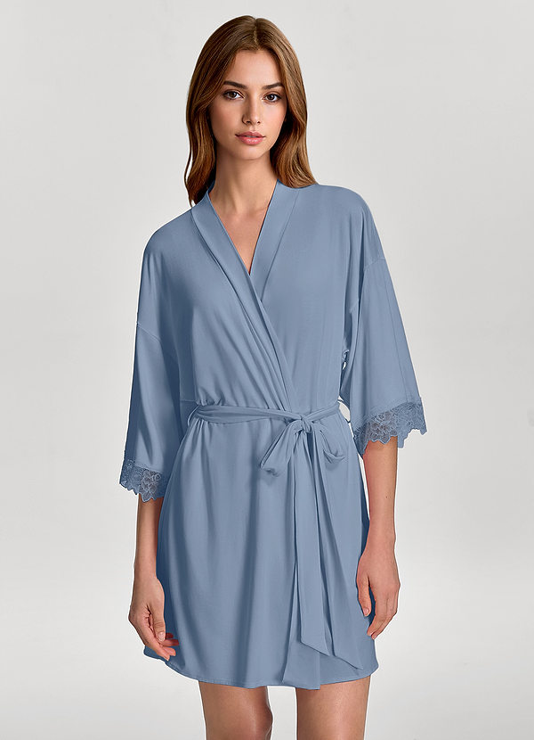 front Dusty Blue Soft Rayon Lace Trim Bridal Robe