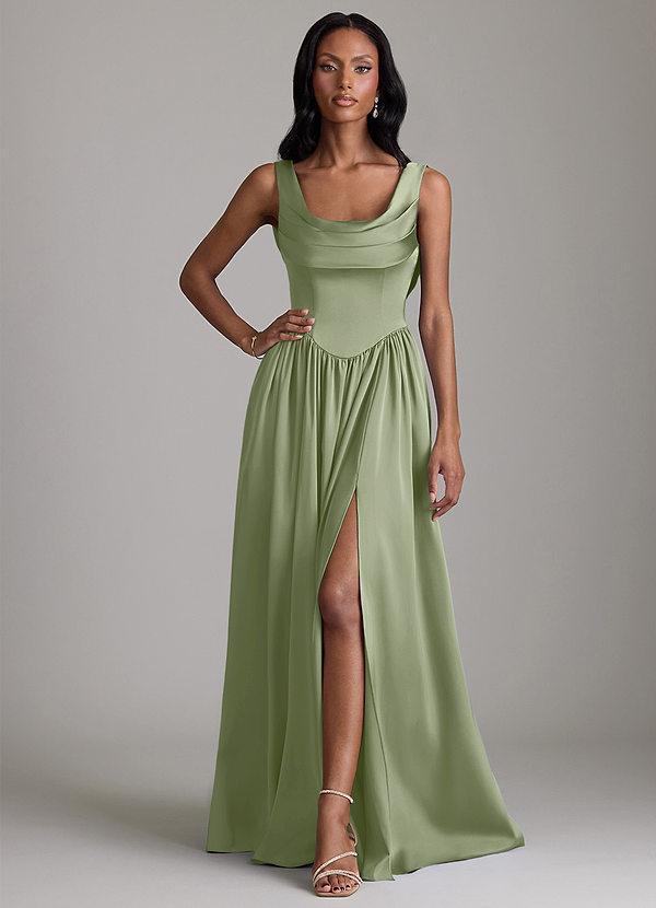 Azazie Novi Bridesmaid Dresses Pistachio A-Line with Pockets Stretch Satin Dress image1