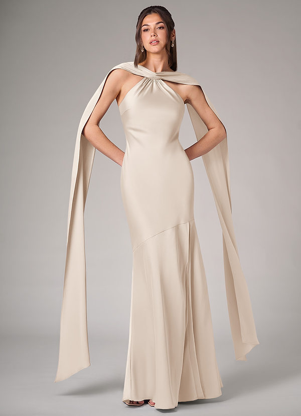 Azazie Kinsley Vestidos Dama de Honor Vestido de Alabastro Blanco de Satén Elástico de Corte Sirena con Corte Lateral image1