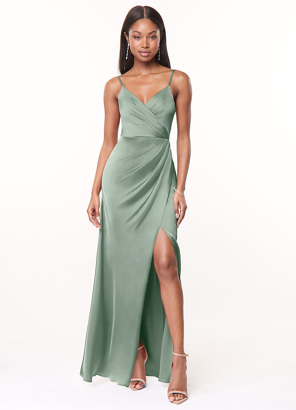 Azazie Maci Bridesmaid Dresses Agave A-Line V-Neck Pleated Stretch Satin Dress image1