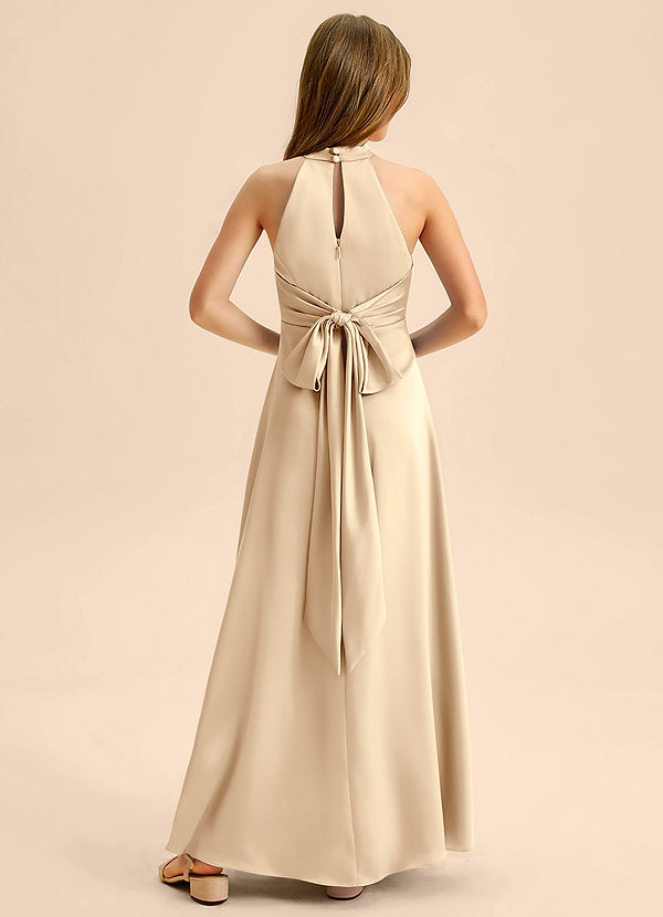 Azazie Beah Junior Champagne A-Line Pleated Stretch Satin Dress image1