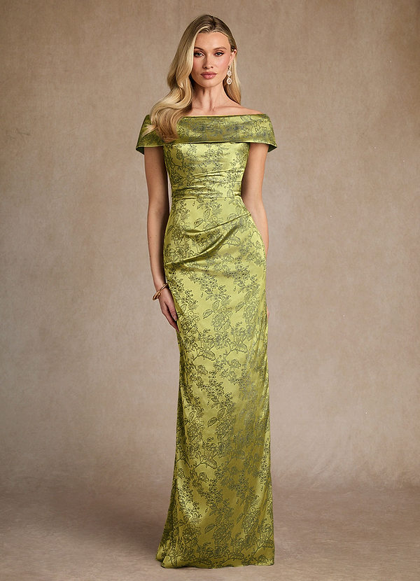 Azazie Kenosha Mother of the Brides Dresses Moss Navy Sheath Off the Shoulder Floral Jacquard Dress image1