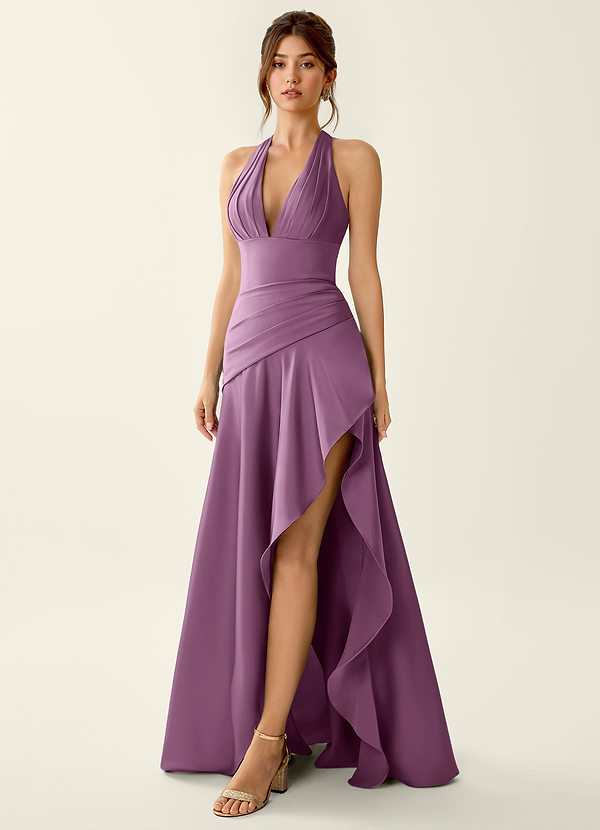 Titania Glicinia Vestido de fiesta de satén con escote en V y volantes image1