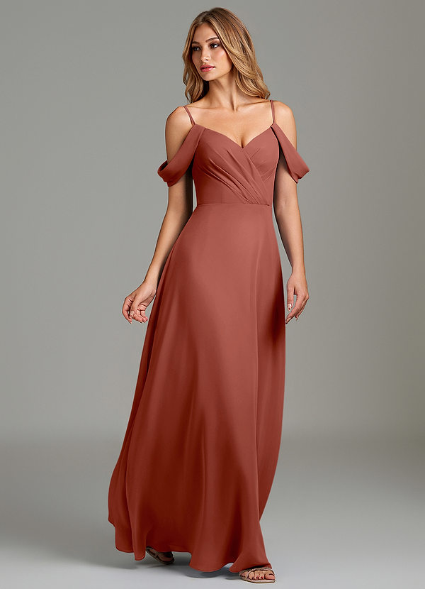 Azazie Julianne Brautjungfernkleider Eine Linie Schulterfrei Chiffon Kleid Rotbraun image1