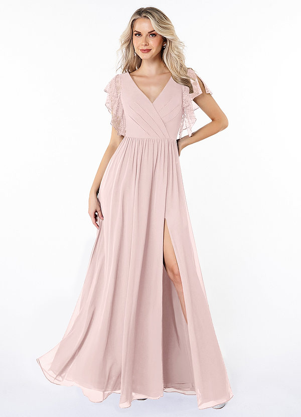 Azazie Zella Bridesmaid Dresses Blushing Pink A-Line Lace Chiffon Dress image1