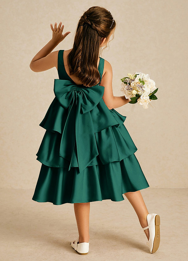 Azazie Margery Flower Girl Dresses Emerald A-Line Bow Stretch Satin Dress image1