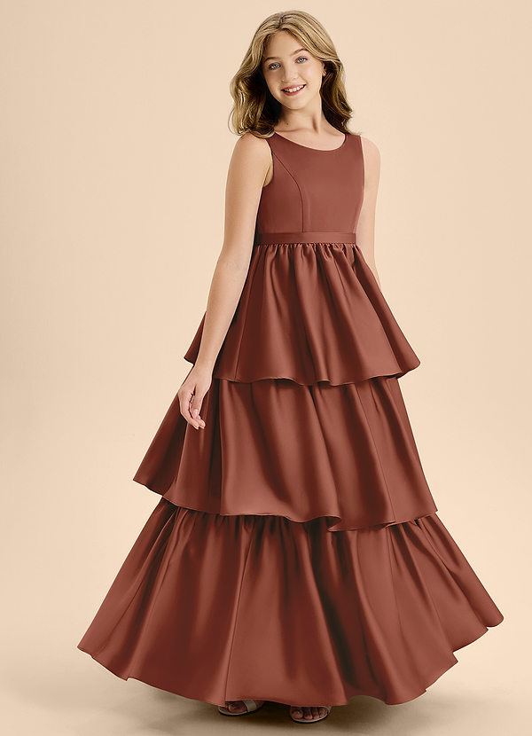 Azazie Meadowyn Junior Auburn A-Line Bow Stretch Satin Dress image1