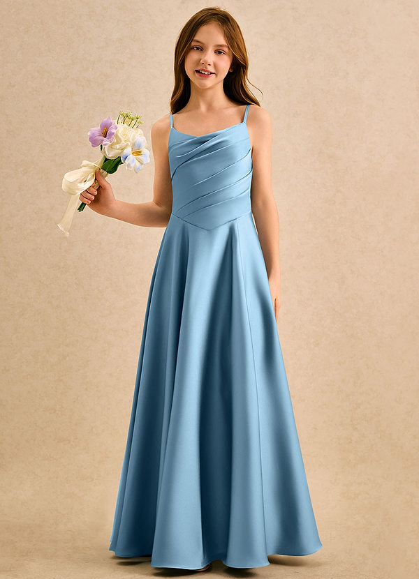Azazie Coconut Girls Formal Flower Girl Dresses Steel Blue A-Line Pleated Stretch Satin Dress image1