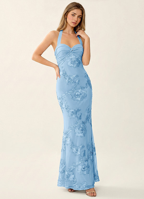 Priscilla Sky Blue Halter 3D Floral Mermaid Prom Dress image1