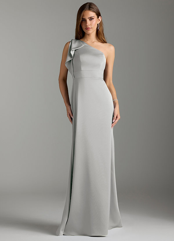 Azazie Rinna Bridesmaid Dresses Silver Mermaid Ruched Stretch Satin Dress image1