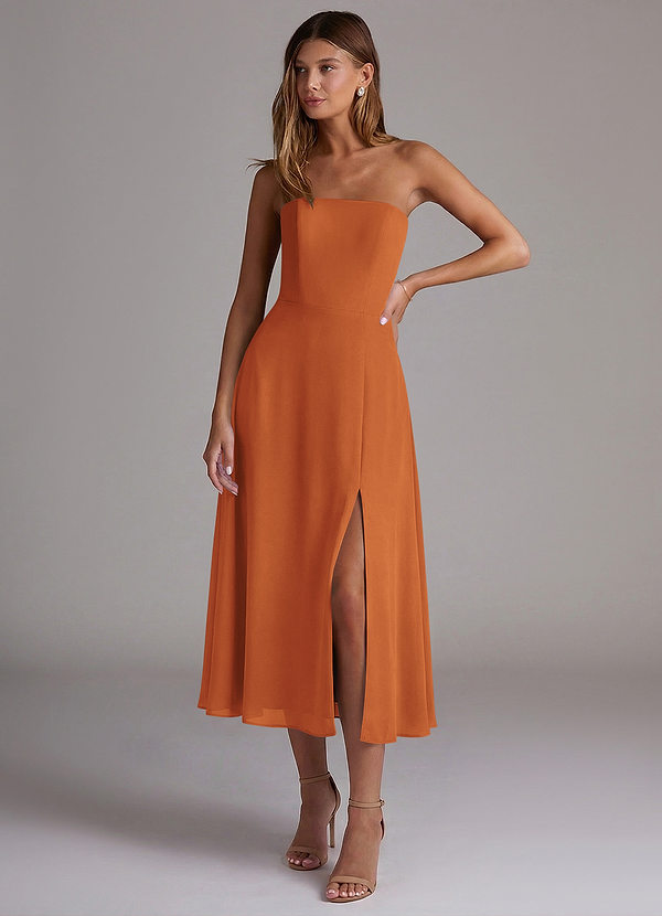 Azazie Wren 신부 들러리 드레스 A라인 스트랩리스 쉬폰 티 길이 드레스 image1