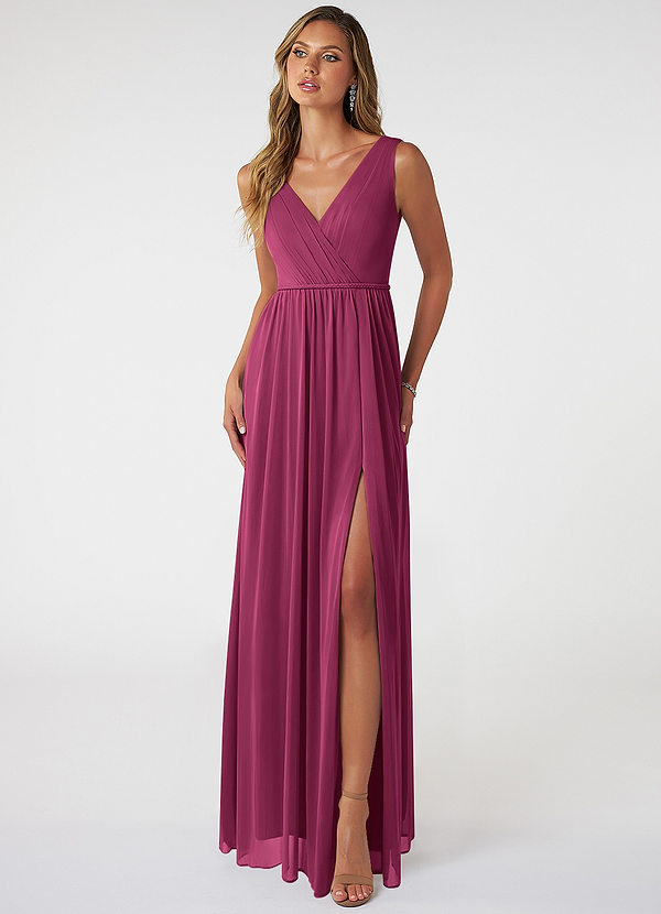 Azazie Tanicia Brautjungfernkleider A-Linie V-Hals Gefaltet Gittergewebe Kleid Maulbeerrot image1