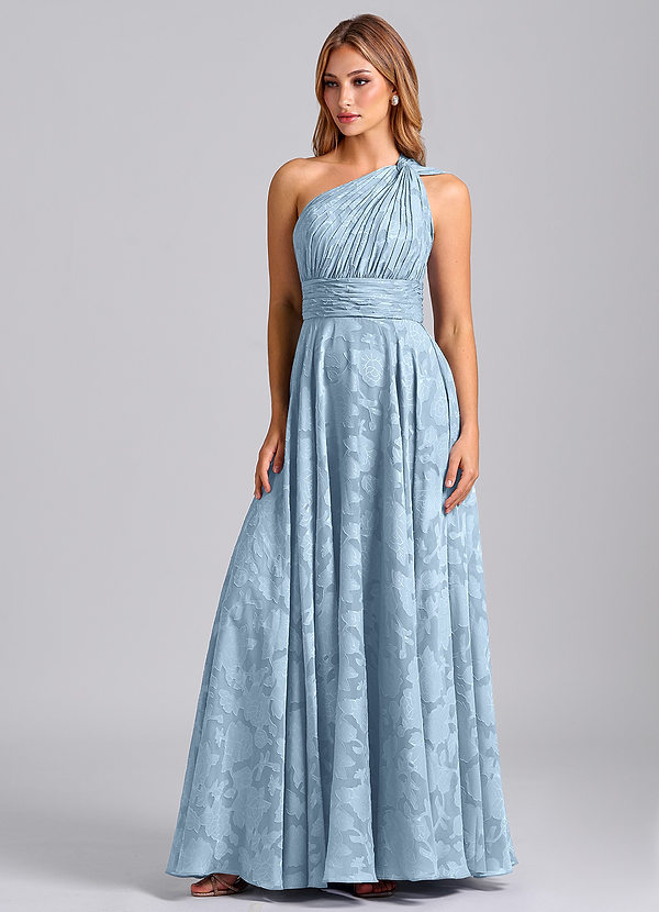 Azazie Charlize 신부 들러리 드레스 A라인 한쪽 어깨 플로럴 번아웃 바닥 길이 드레스 image1