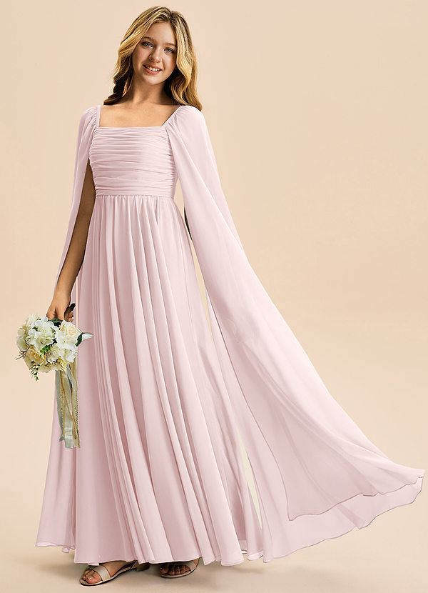 Azazie Calista Junior Vestido Rosa Corado de Chiffon de Linha A com Plissado image1