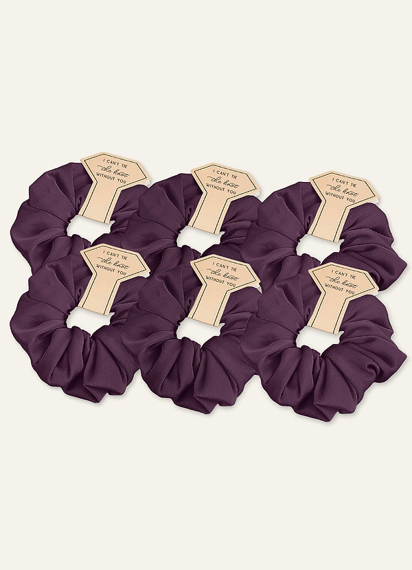 front Conjunto de 6 scrunchies grandes de cetim elástico para madrinhas, em cores combinando.