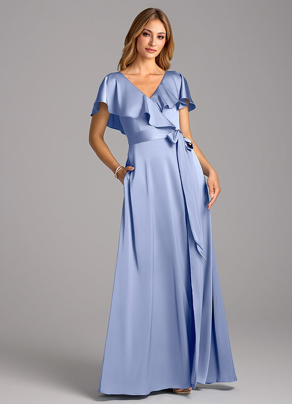 Azazie Lainey Bridesmaid Dresses Ice A-Line with Pockets Stretch Satin Dress image1