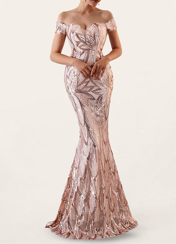 front Dreaming In Color Champagne Sequin Off-The-Shoulder Maxi Dress