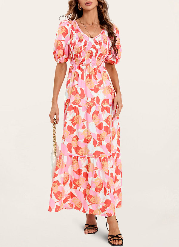 front In My Dreams Orange Floral Print Short Sleeve Maxi Dress