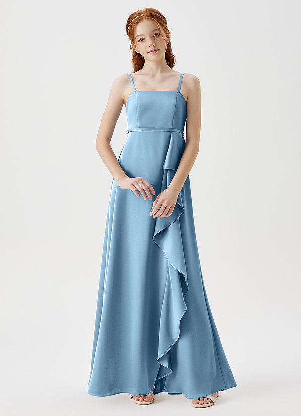 Azazie Kaylee Junior Robe Trapèze en Satin extensible avec ceinture Acier Bleuté image1