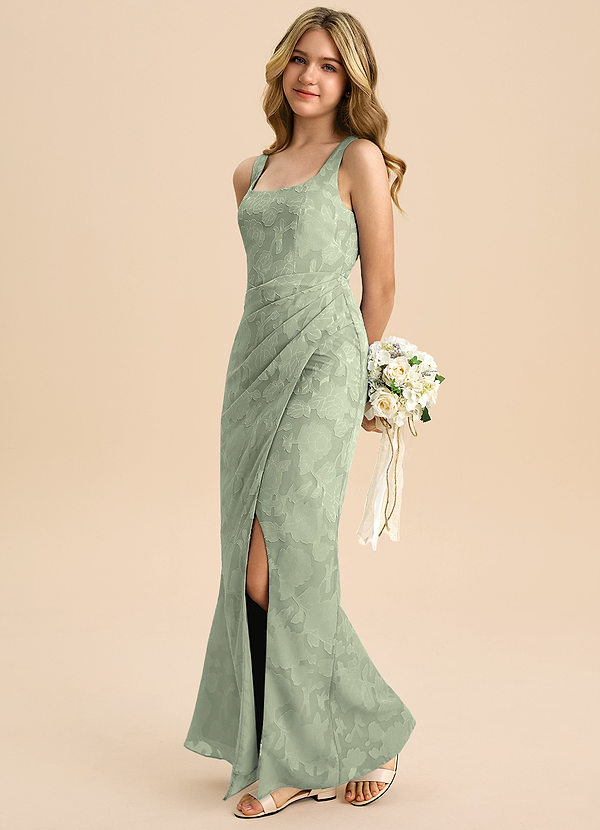 Azazie Mero Junior Agave Sheath Pleated Floral Burnout Dress image1