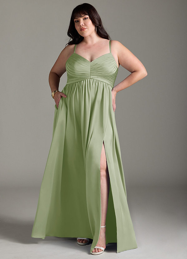 Azazie Alia Abiti da Damigella Abito A-Line in Raso Elasticizzato Plissettato Verde Salvia image1