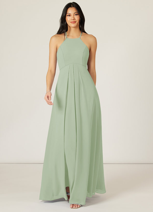 Azazie Sarah Bridesmaid Dresses Dusty Sage Empire Pleated Chiffon Dress image1