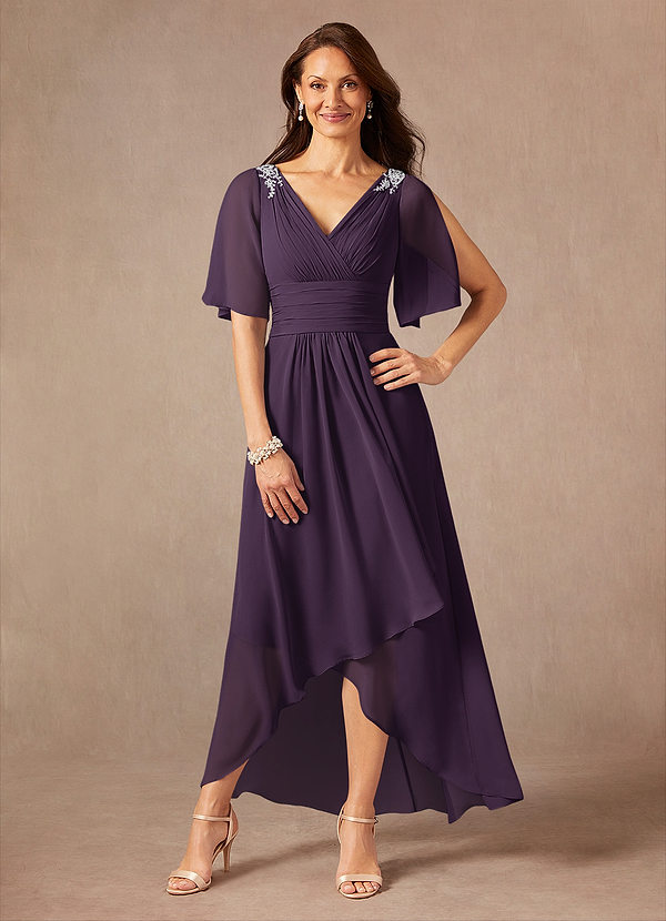 Azazie Pascual Robe Mère de la Mariée & du Marié Robe Trapèze en Mousseline de soie Plissée Prune image1