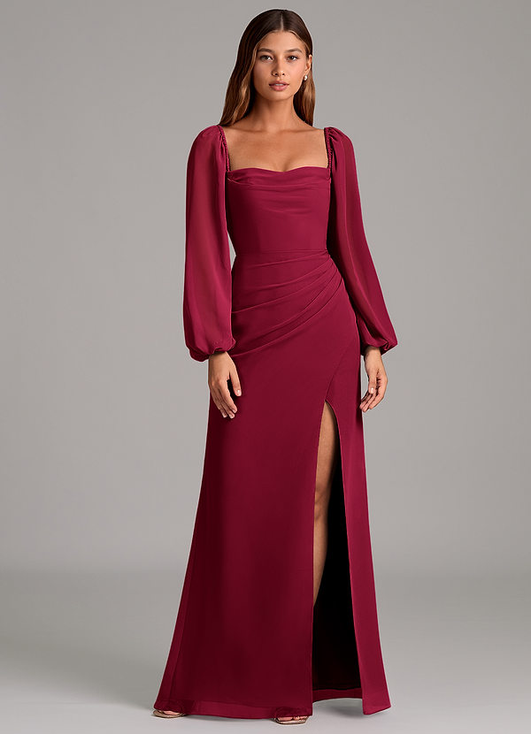 Azazie Brixley Robes de demoiselle d'honneur Robe Sirène en Mousseline de soie Manches longues Bourgogne image1
